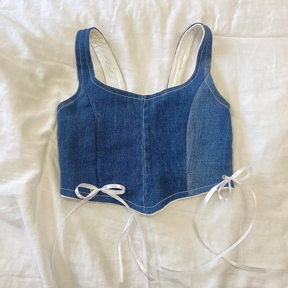 Super cute denim hand made sewn corset top with a lace back. White ribbon, bows - Picture 3 of 4
